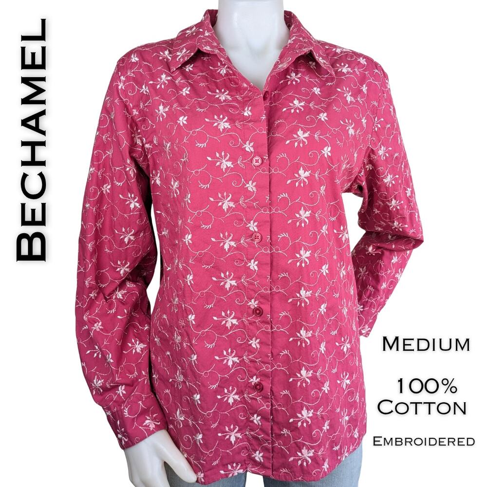 Bechamel Blouse Medium Pink Raspberry Cotton Embroidered Floral Button Front